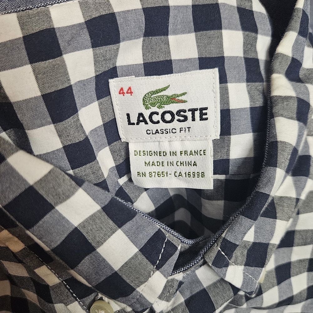 Lacoste Button Up Long Sleeve Gingham Classic Fit Poplin Shirt Sze 44 Blue White - Picture 6 of 10